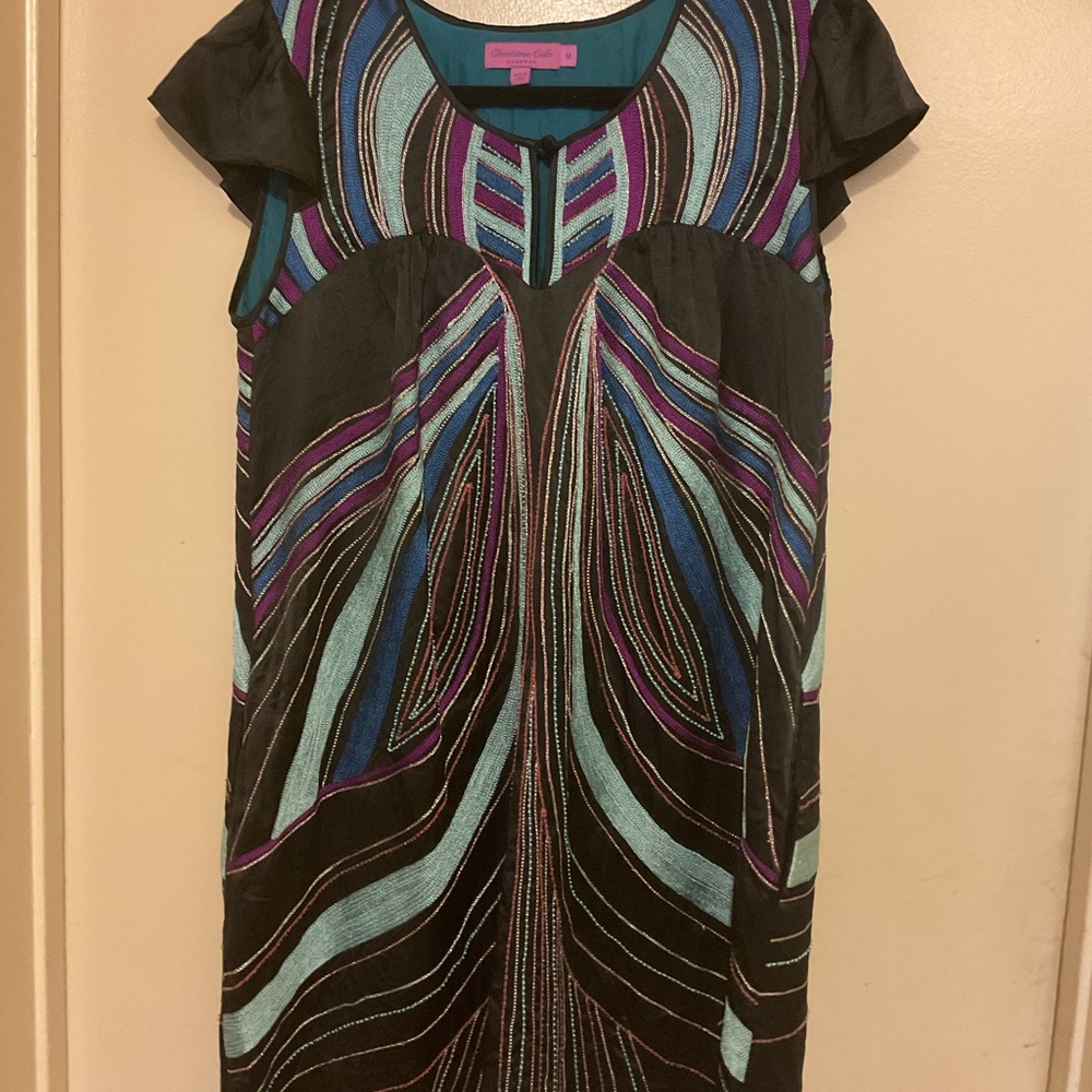 Black Embroidered Midi Dress with Teal & Purple Accents